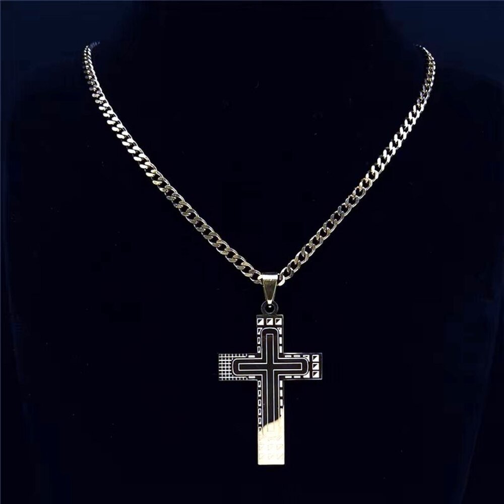 Geometric Design Crucifix Necklace Stainless Steel Gold Color Pendant 19" Chain - Picture 3 of 4